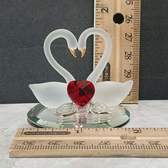 Frosted Swans wRed Crystal Heart Mini Figurine wMirror Base, Glass Baron HC2395R - Picture 6 of 7